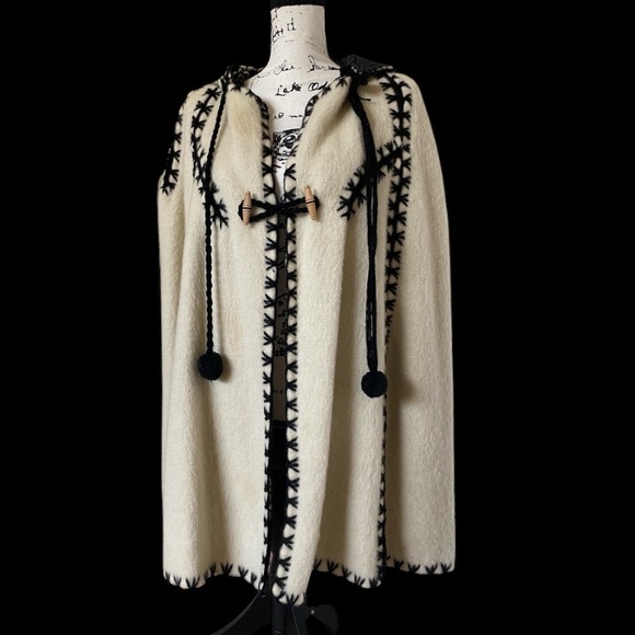 Vintage Boho Cape | White Black Embroidered Trim Warm Nordic Wool Hooded Poncho - Picture 1 of 9